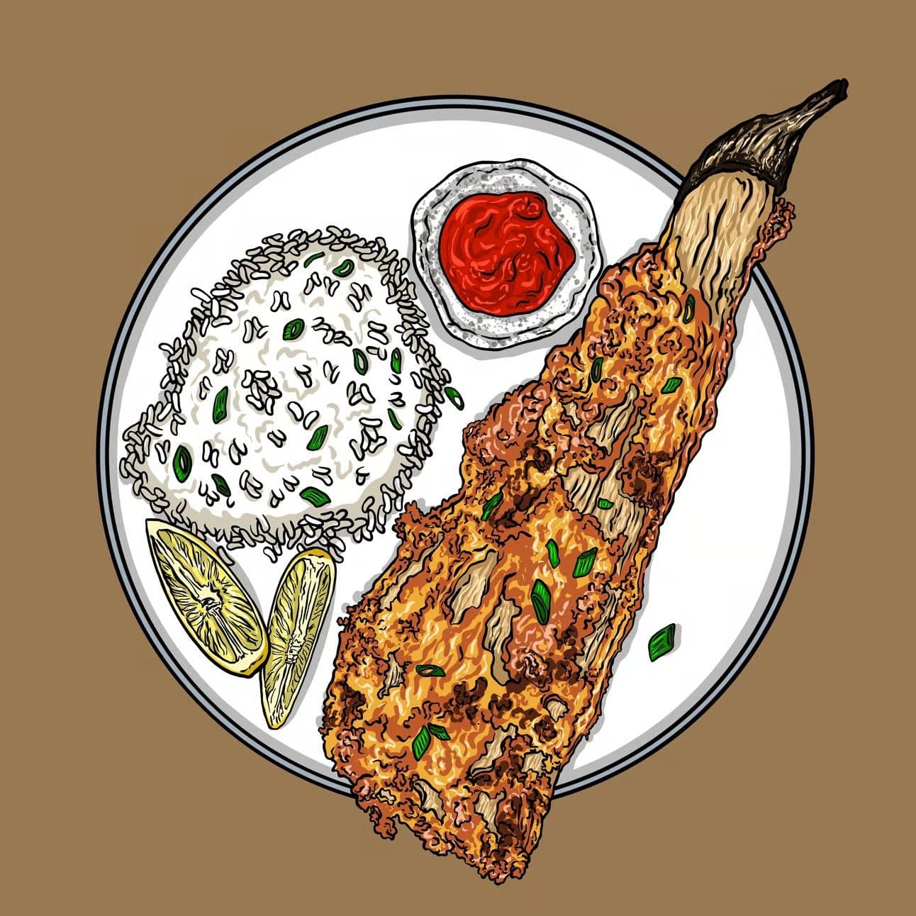 Illustration of a Filipino eggplant omelet served with rice, lime, and ketchup on a plate.