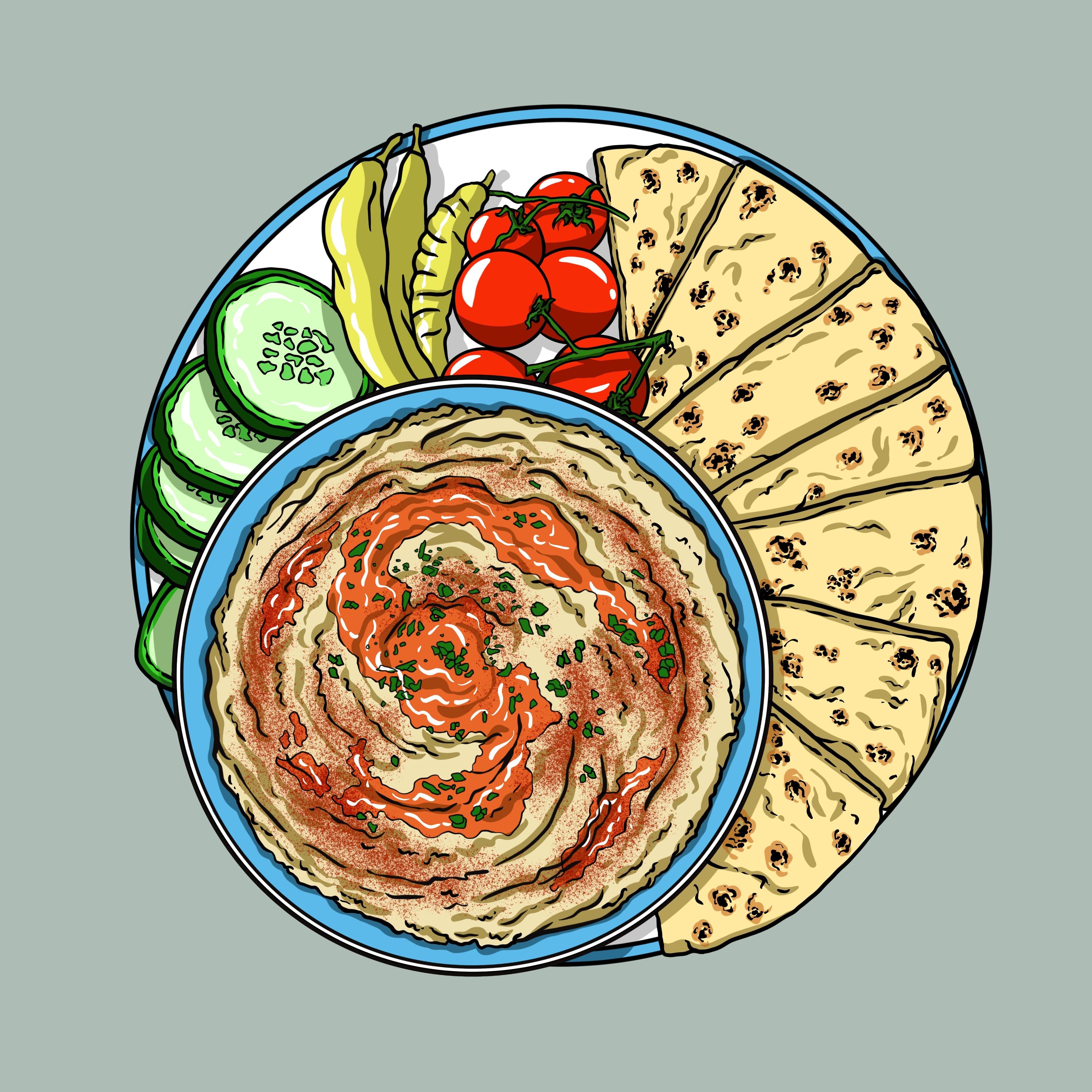 An illustration of baba ganoush or mutabal, a creamy roasted eggplant dip with olive oil, herbs, spices, and a plate of pita bread, cucumbers, tomatoes, and peppers.