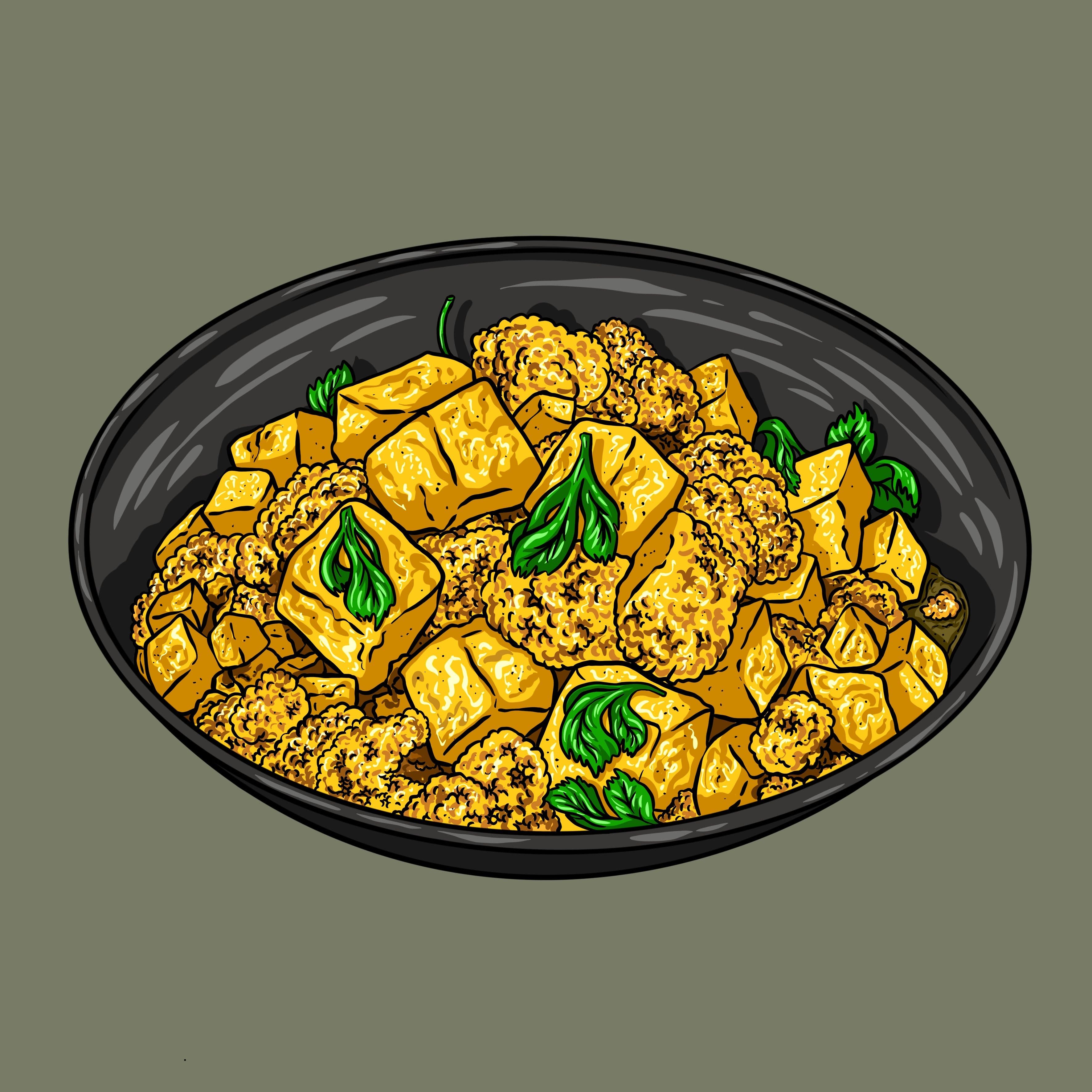 An illustration of a bowl filled with potato chunks and cauliflower, cooked with a spice mixture and garnishes with cilantro leaves