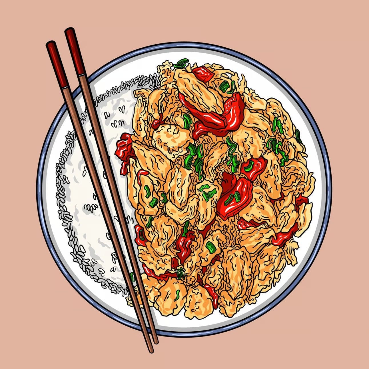 Tomato and egg stir fry illustration served over rice with scallions for garnish.