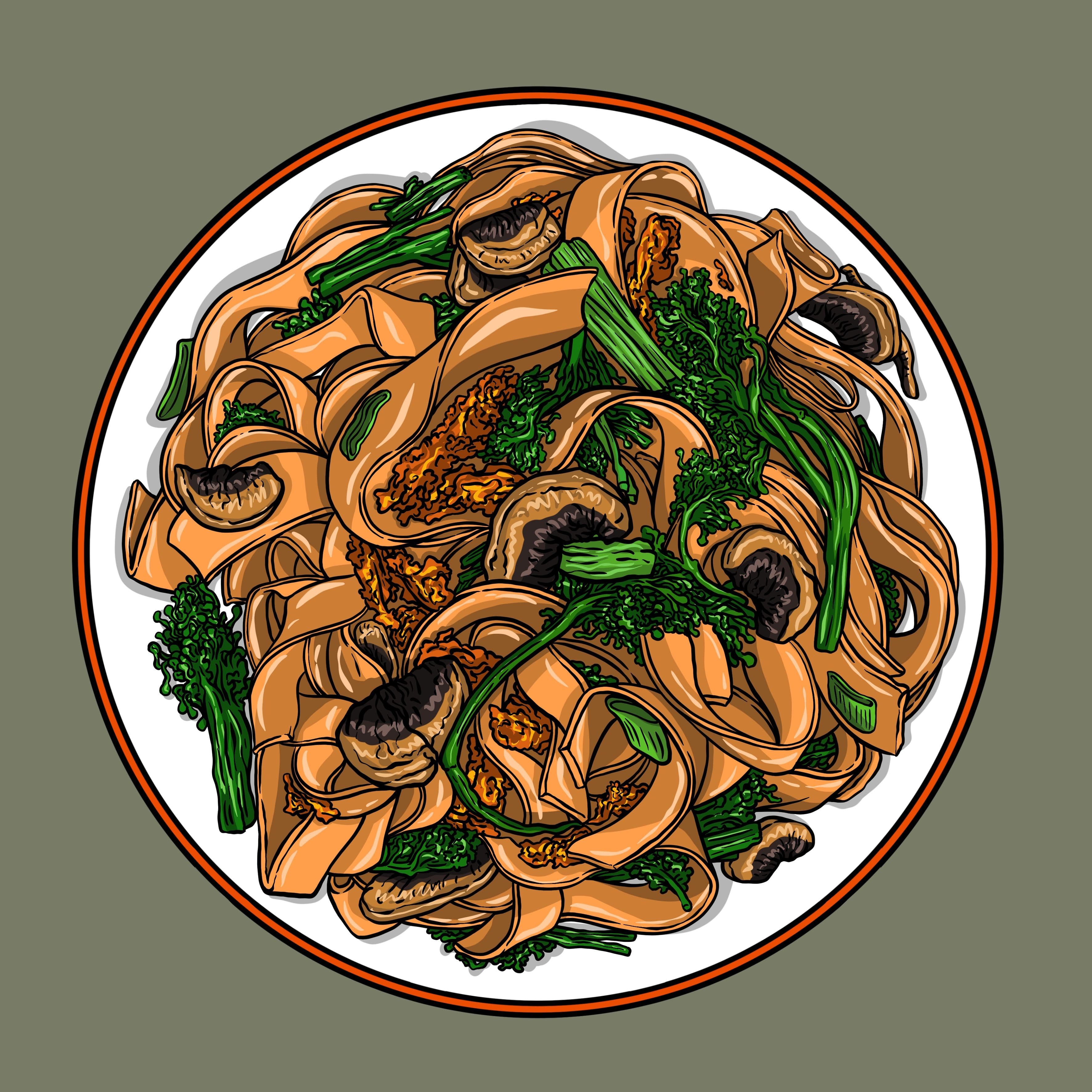 A bowl of vegetarian pad see ew with mushroom, egg, chinese broccoli and broccoliniand broccolini, gai lan, ginger and garlic.