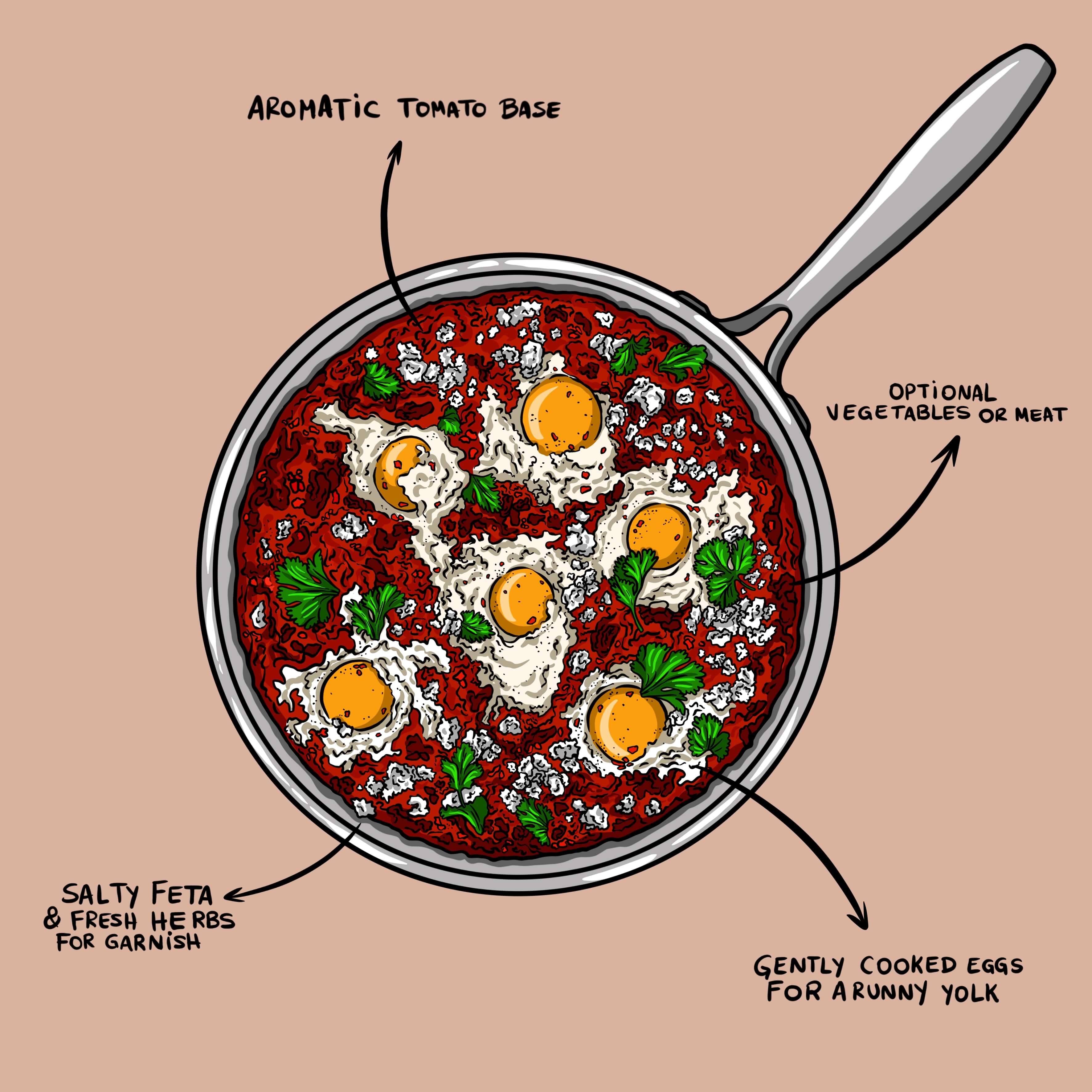 An illustration of shakshuka: tomatoes, eggs, feta cheese, herbs, and olive oil simmered in a saucepan.