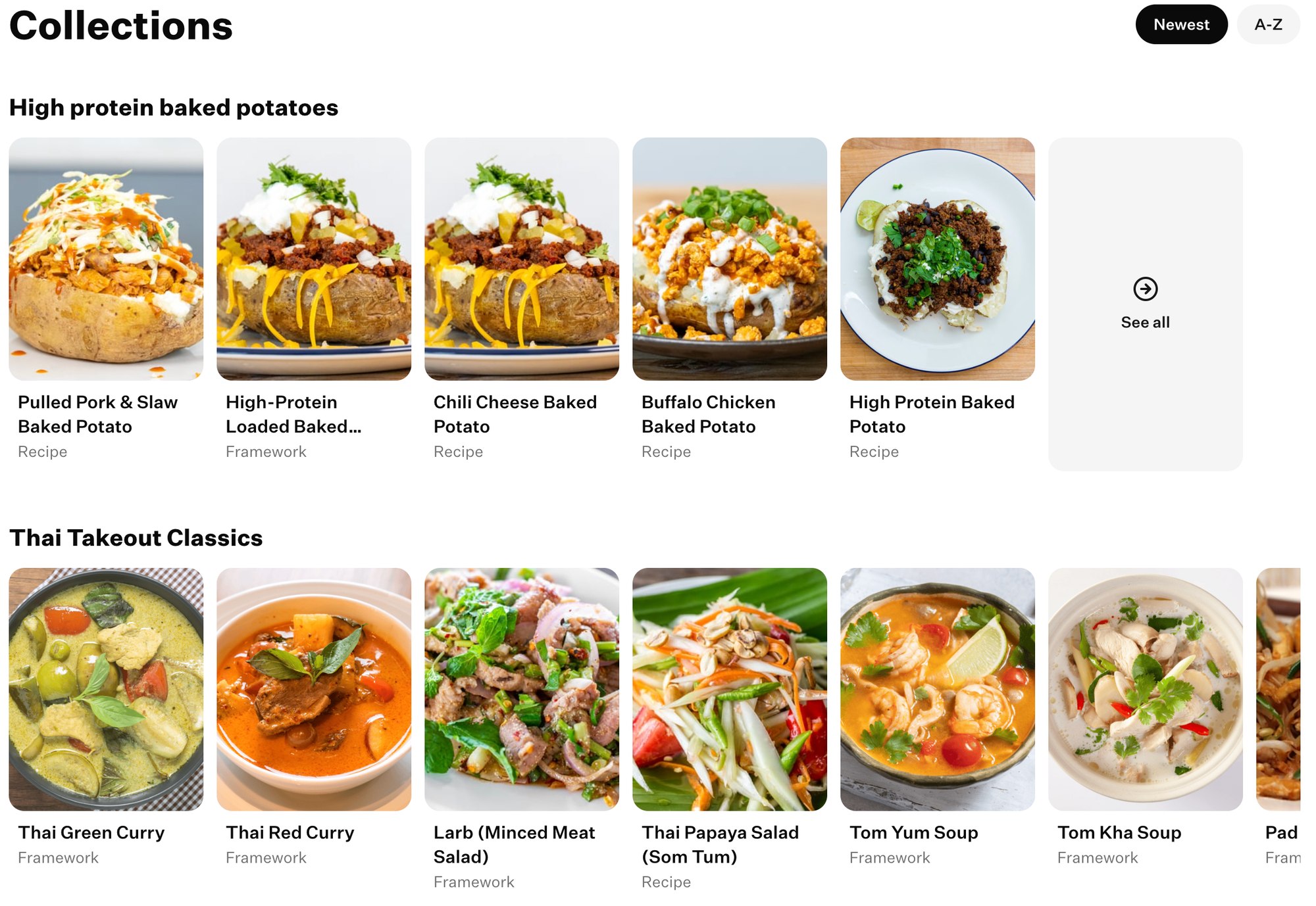 Cook Well collections: rows of recipes and frameworks