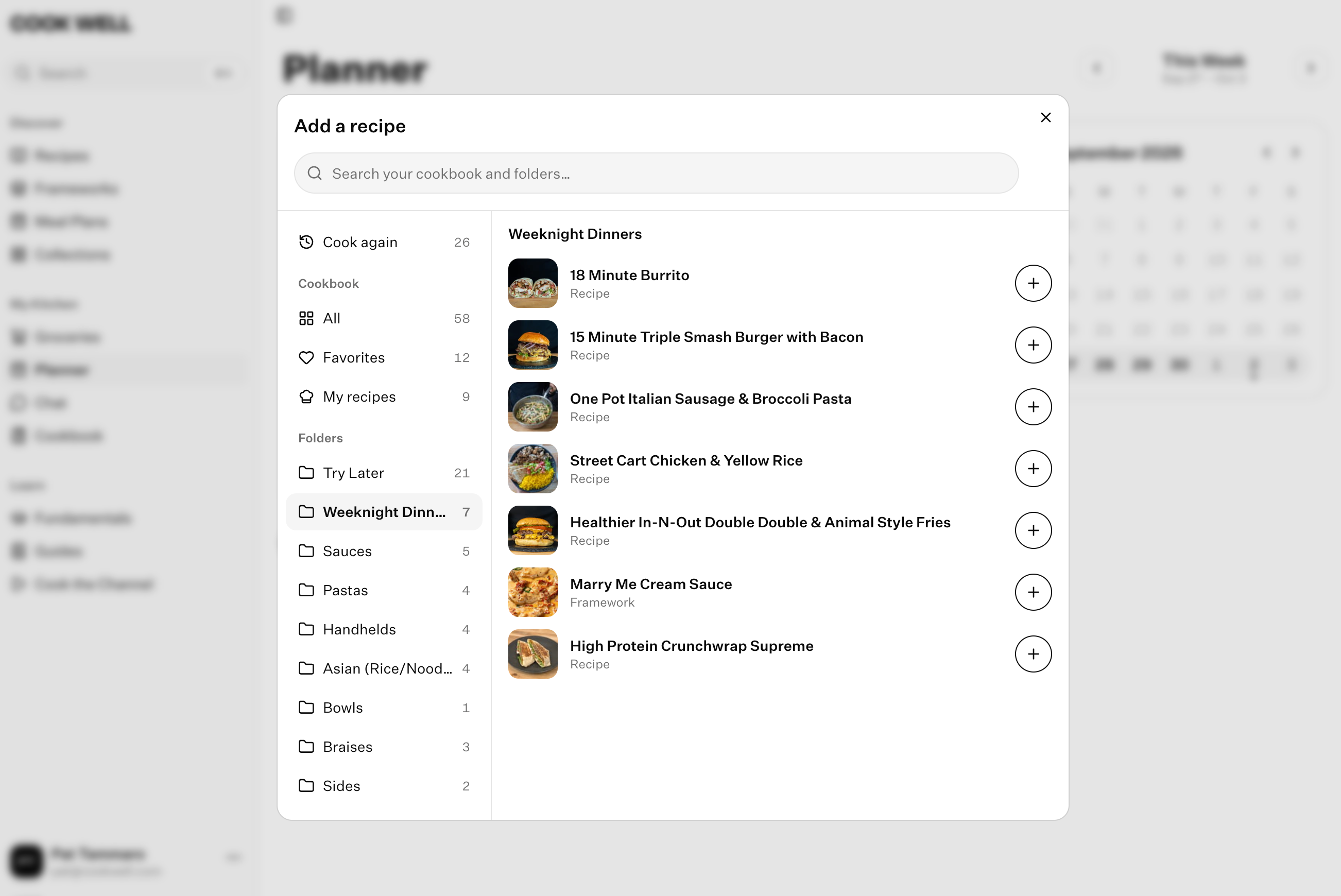 The Cook Well planner, picking a recipe from your folders